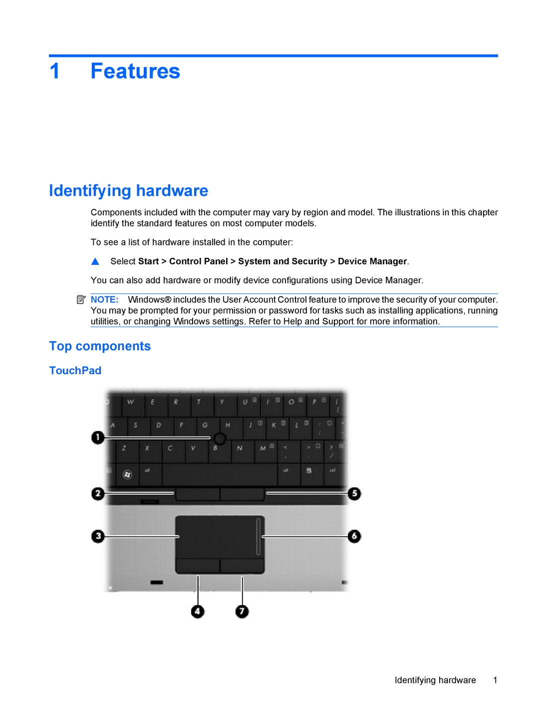 HP VZ243AV manual Features, Identifying hardware, Top components, TouchPad 