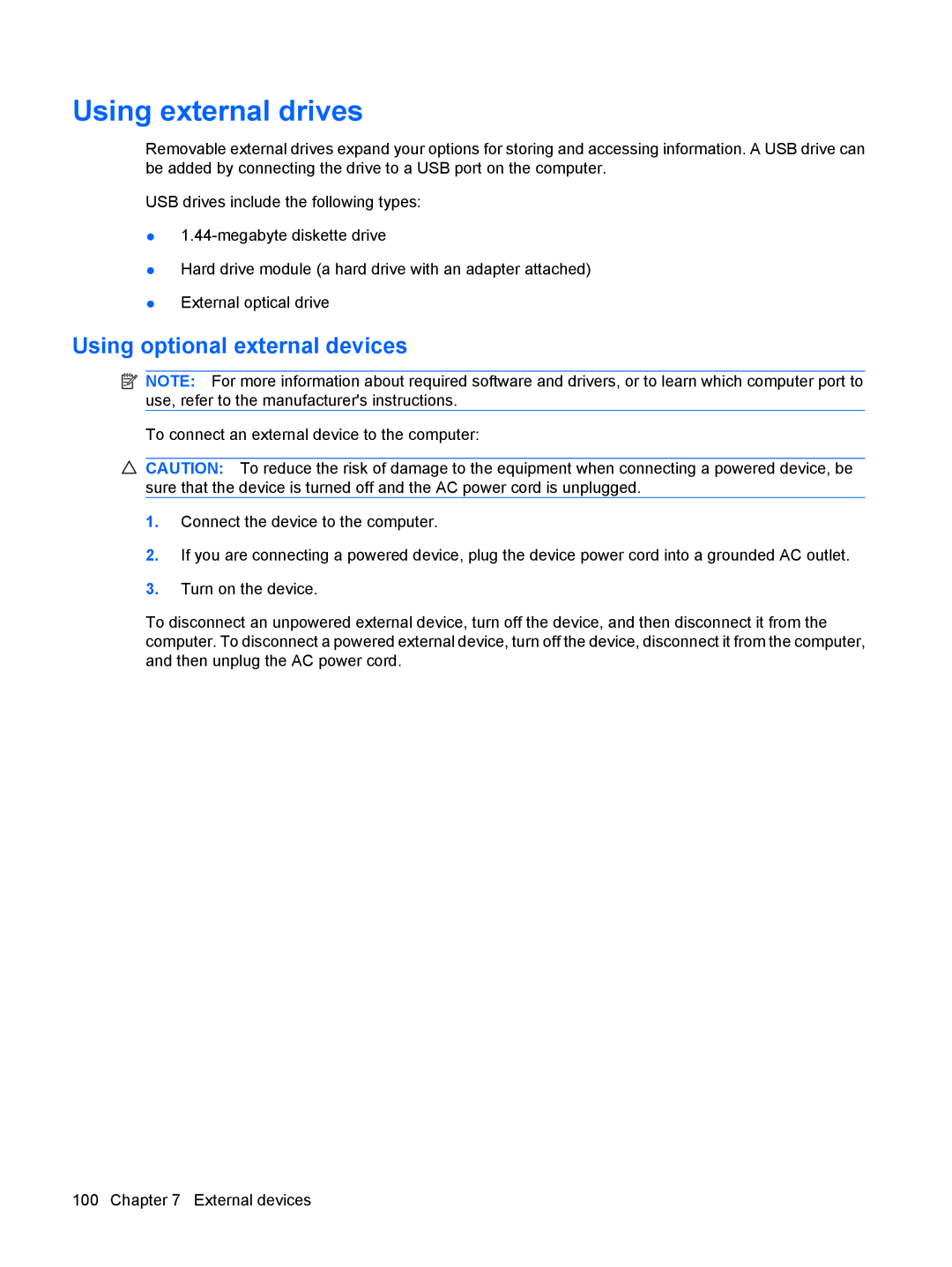 HP VZ243AV manual Using external drives, Using optional external devices 