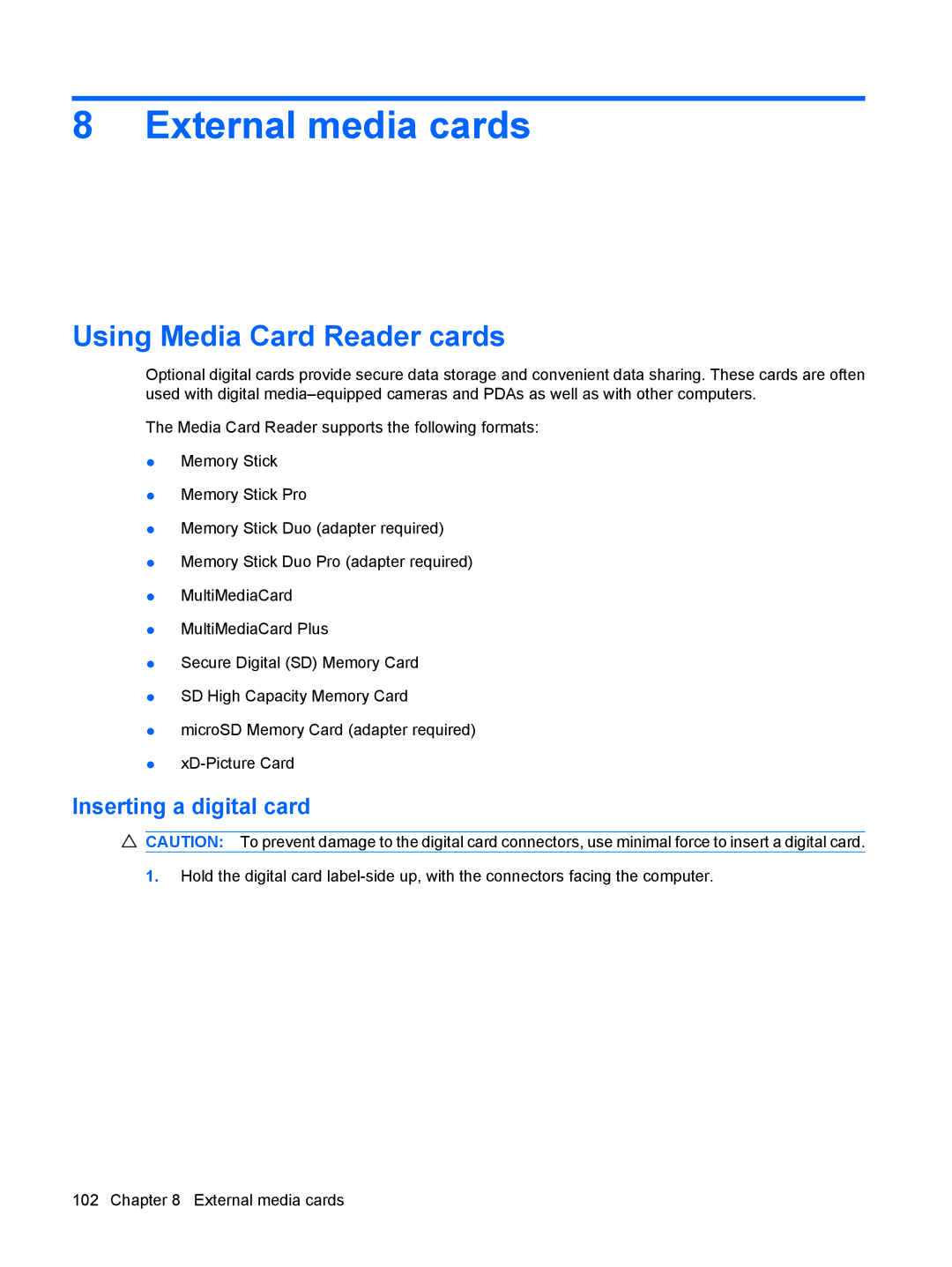 HP VZ243AV manual External media cards, Using Media Card Reader cards, Inserting a digital card 