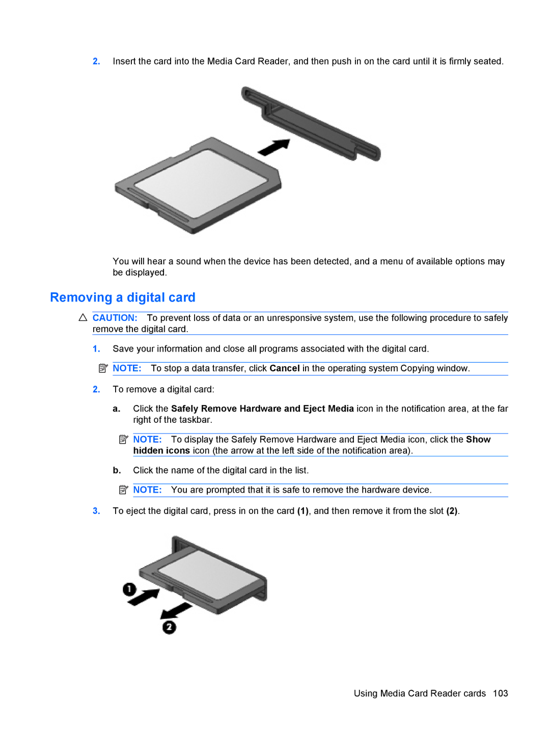 HP VZ243AV manual Removing a digital card 