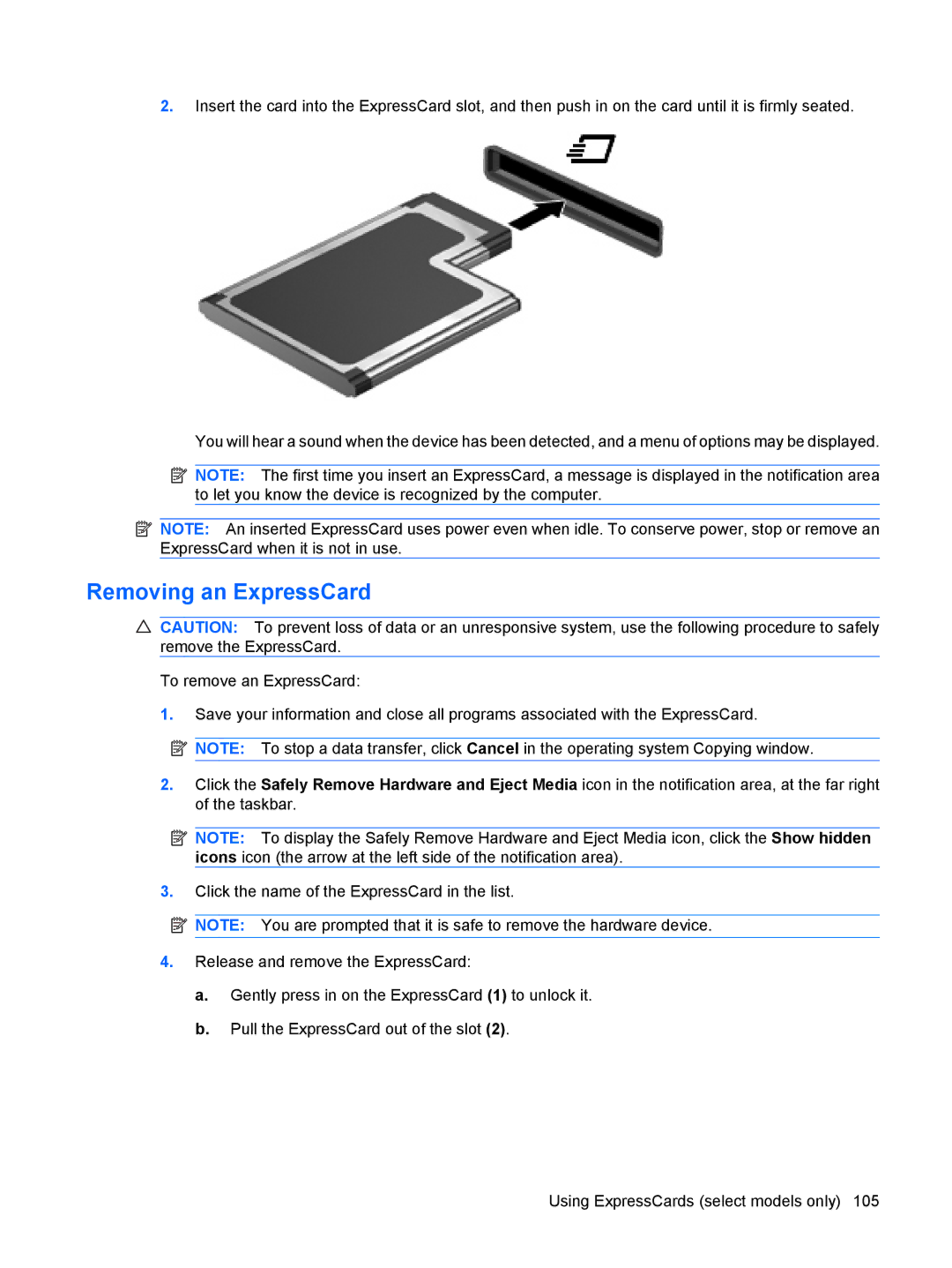 HP VZ243AV manual Removing an ExpressCard 