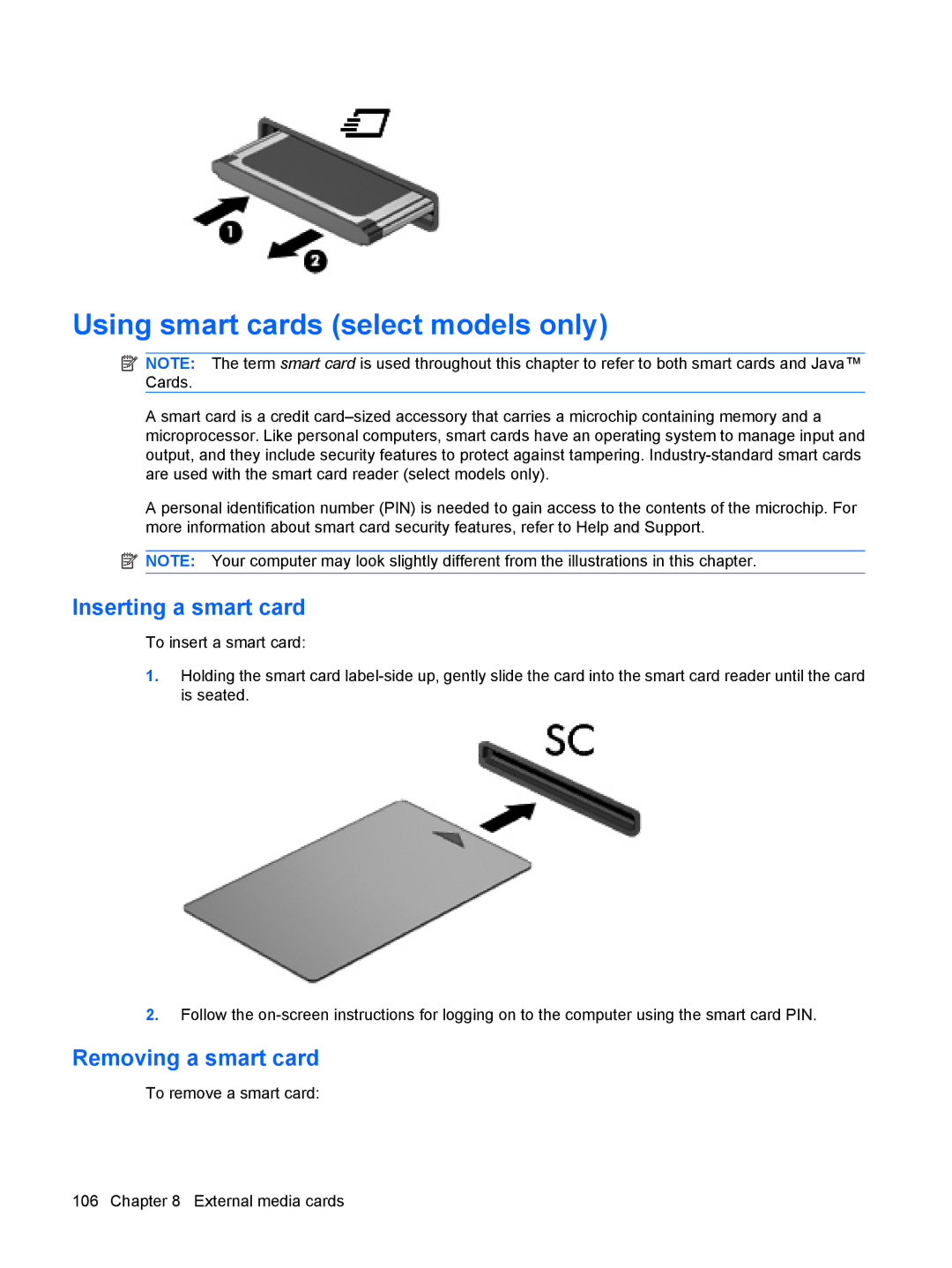 HP VZ243AV manual Using smart cards select models only, Inserting a smart card, Removing a smart card 