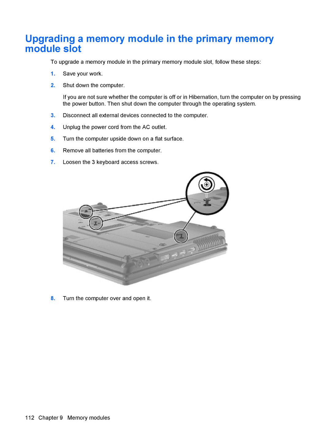 HP VZ243AV manual Upgrading a memory module in the primary memory module slot 