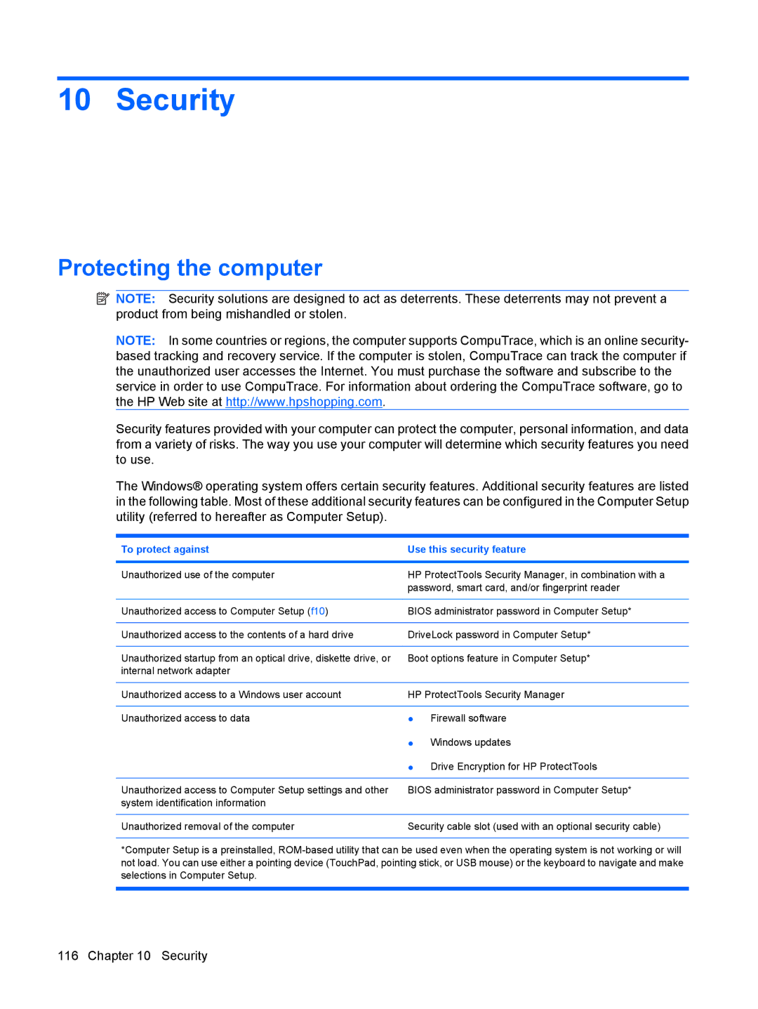 HP VZ243AV manual Security, Protecting the computer 