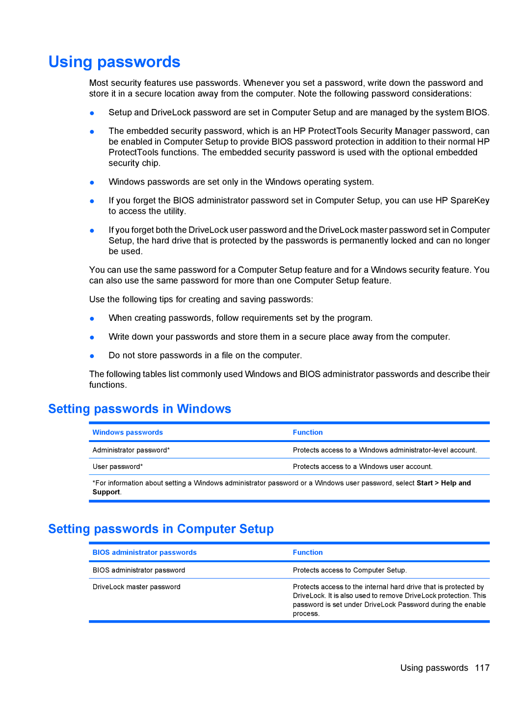 HP VZ243AV manual Using passwords, Setting passwords in Windows, Setting passwords in Computer Setup 