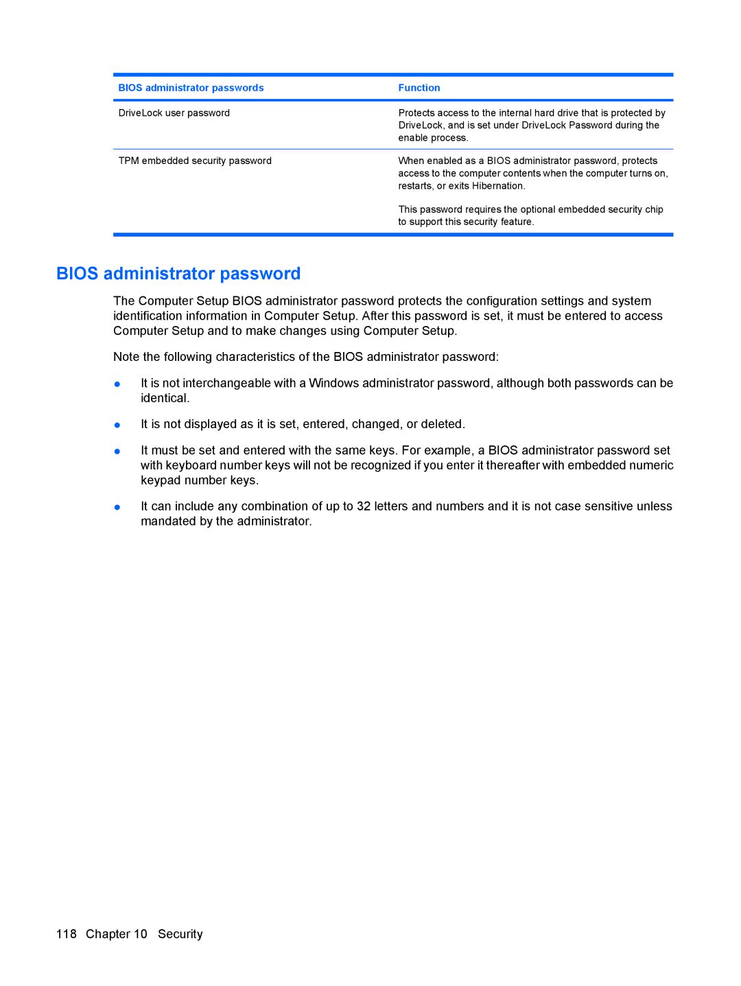 HP VZ243AV manual Bios administrator password 