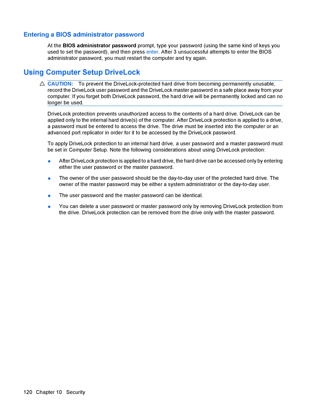 HP VZ243AV manual Using Computer Setup DriveLock, Entering a Bios administrator password 