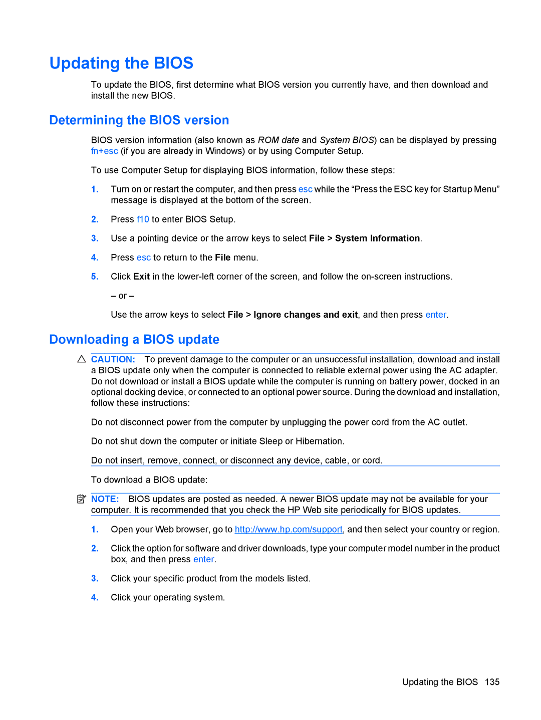 HP VZ243AV manual Updating the Bios, Determining the Bios version, Downloading a Bios update 