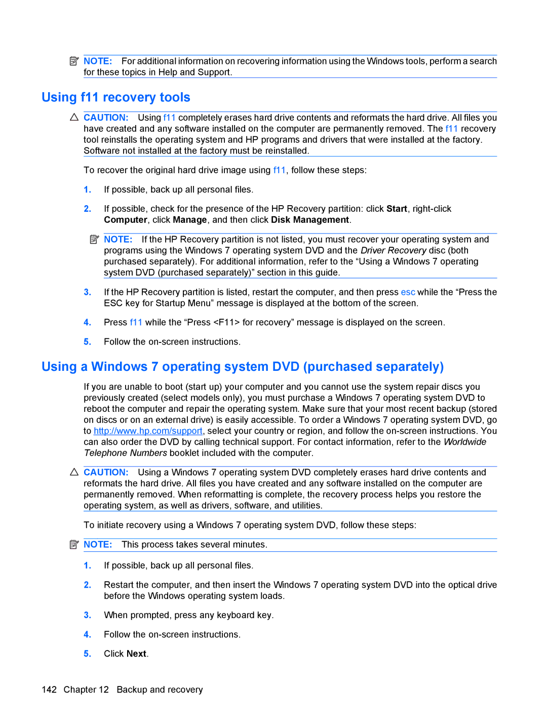 HP VZ243AV manual Using f11 recovery tools, Using a Windows 7 operating system DVD purchased separately 