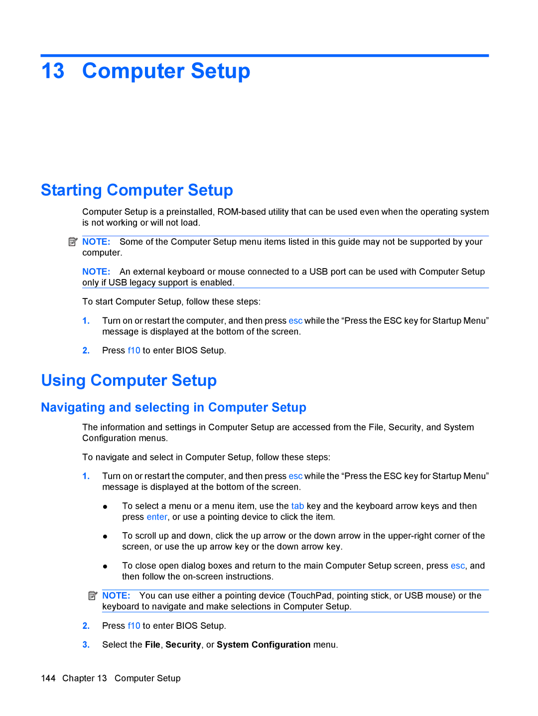 HP VZ243AV manual Starting Computer Setup, Using Computer Setup, Navigating and selecting in Computer Setup 