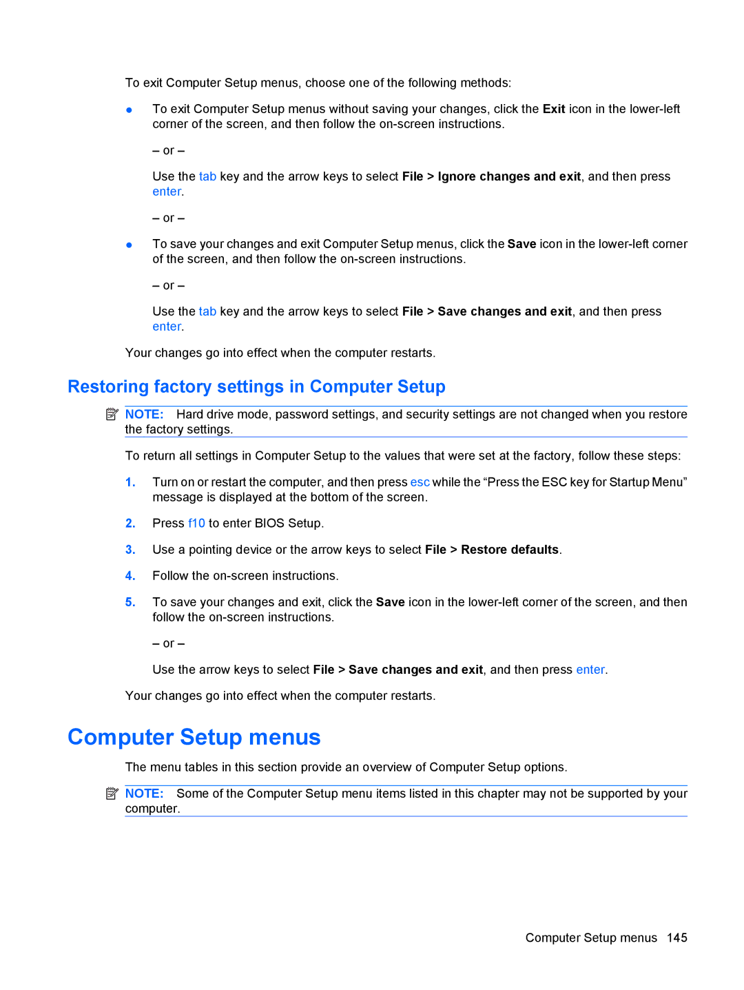 HP VZ243AV manual Computer Setup menus, Restoring factory settings in Computer Setup 