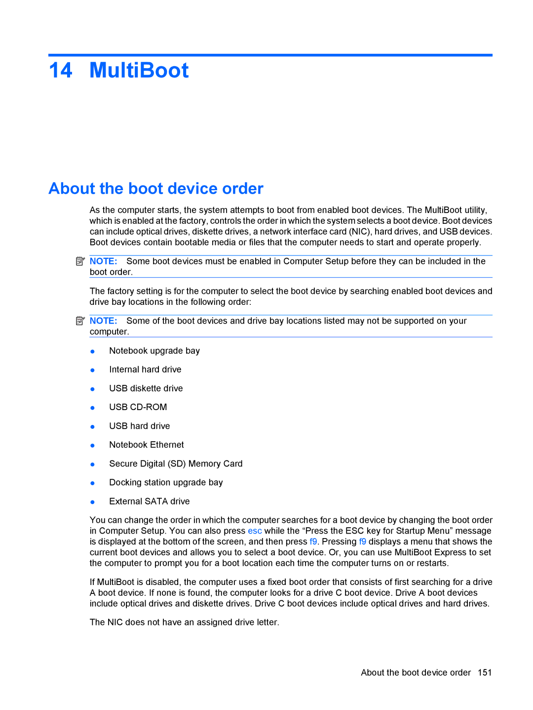 HP VZ243AV manual MultiBoot, About the boot device order 