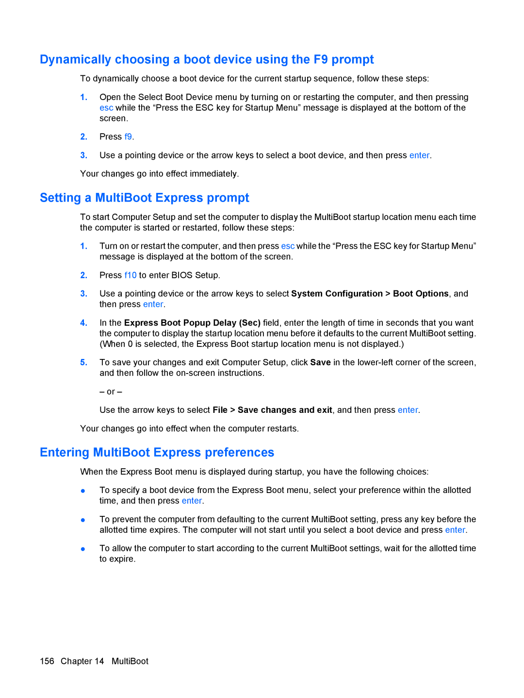 HP VZ243AV manual Dynamically choosing a boot device using the F9 prompt, Setting a MultiBoot Express prompt 