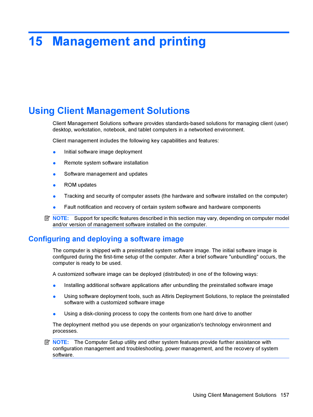 HP VZ243AV manual Management and printing, Using Client Management Solutions, Configuring and deploying a software image 