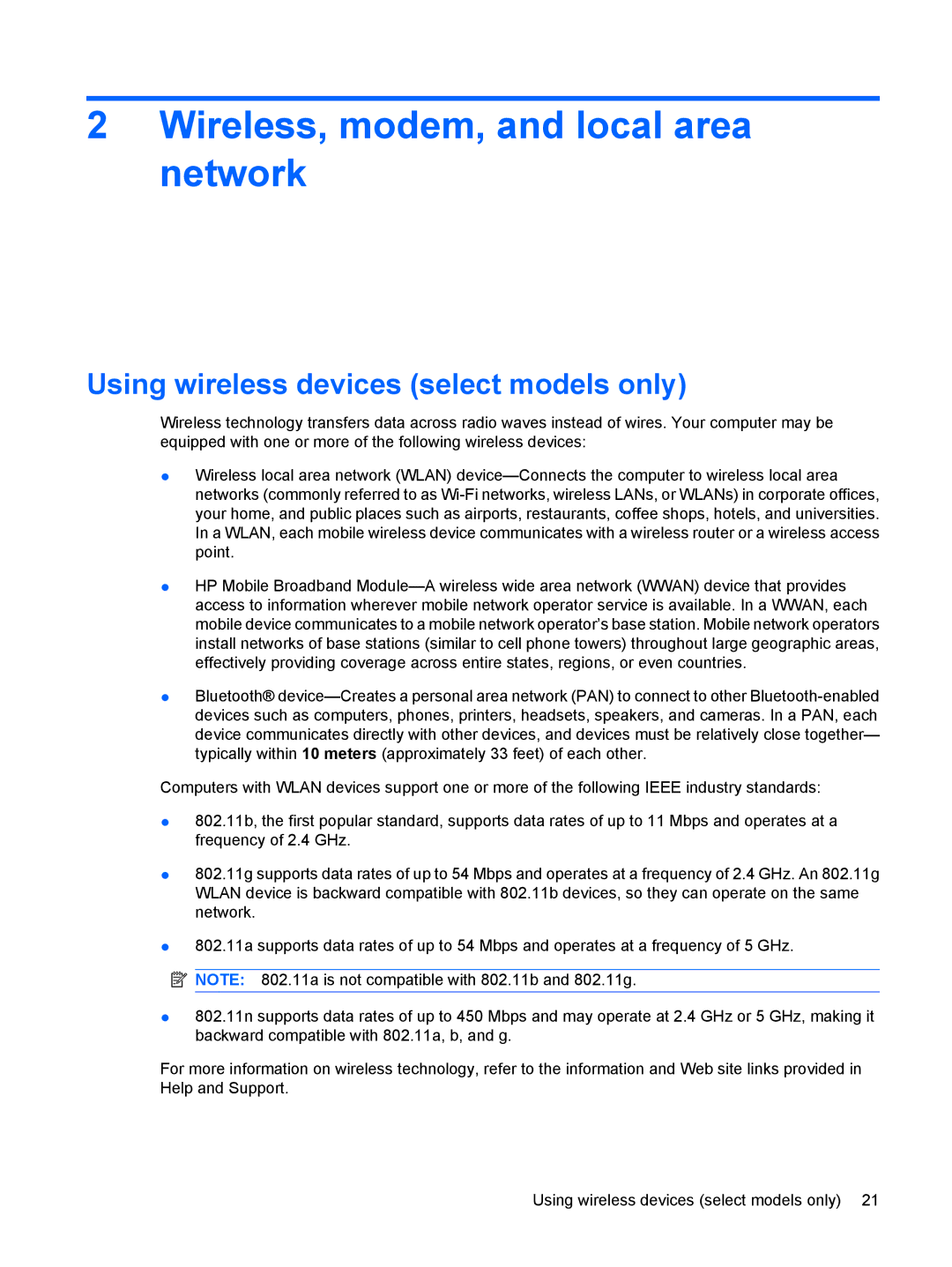 HP VZ243AV manual Wireless, modem, and local area network, Using wireless devices select models only 