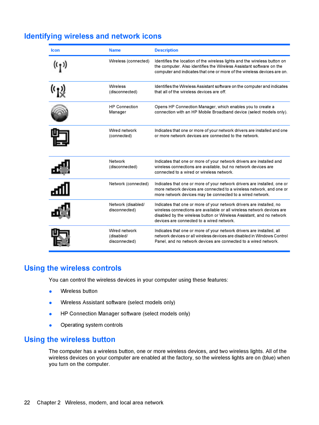 HP VZ243AV manual Identifying wireless and network icons, Using the wireless controls, Using the wireless button 