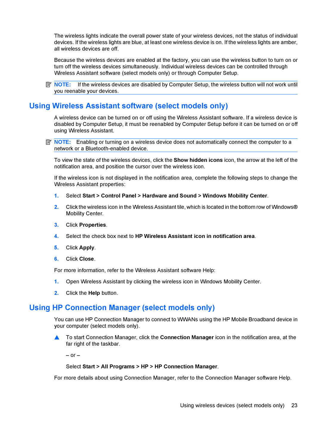 HP VZ243AV manual Using Wireless Assistant software select models only, Using HP Connection Manager select models only 