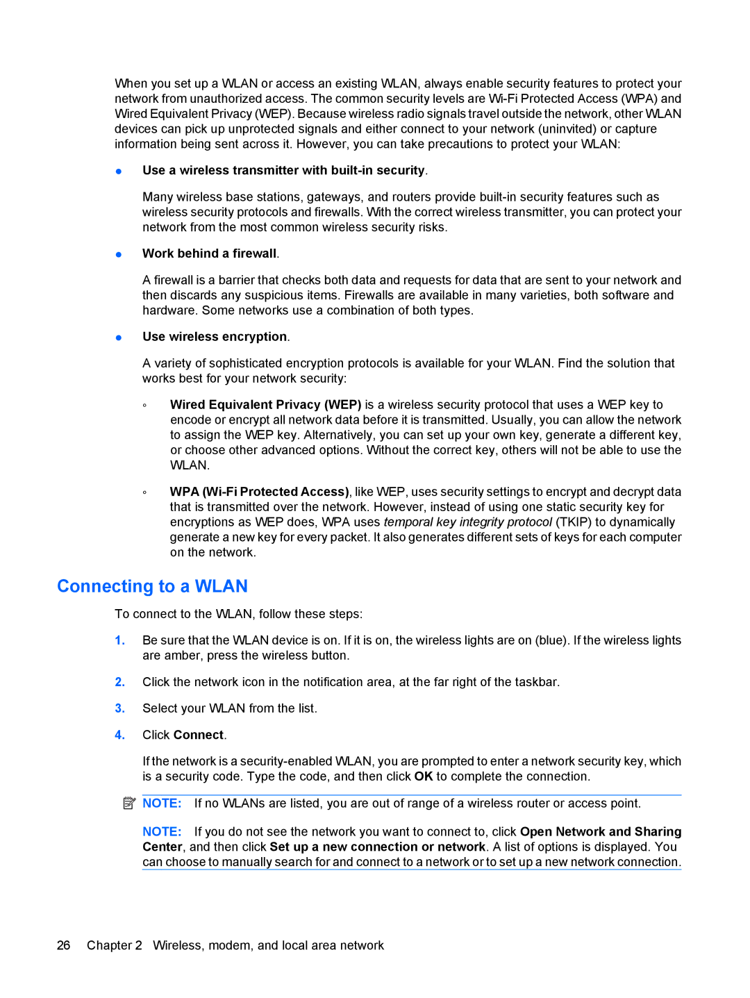 HP VZ243AV manual Connecting to a Wlan, Use a wireless transmitter with built-in security, Work behind a firewall 