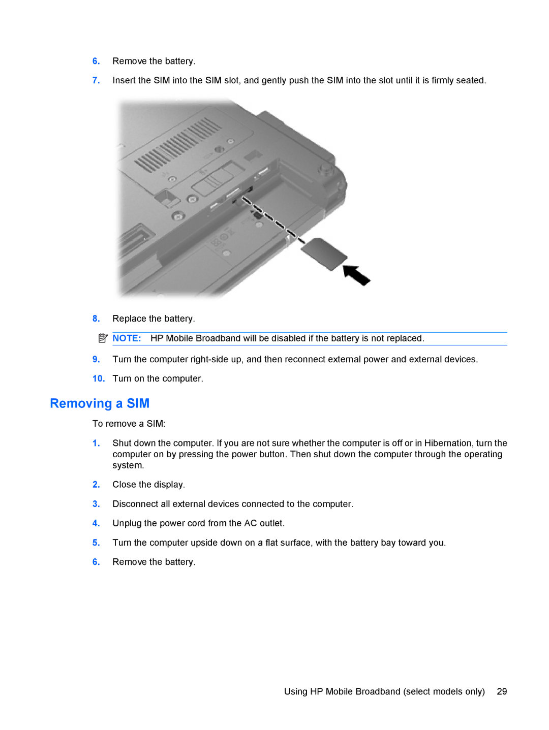 HP VZ243AV manual Removing a SIM 