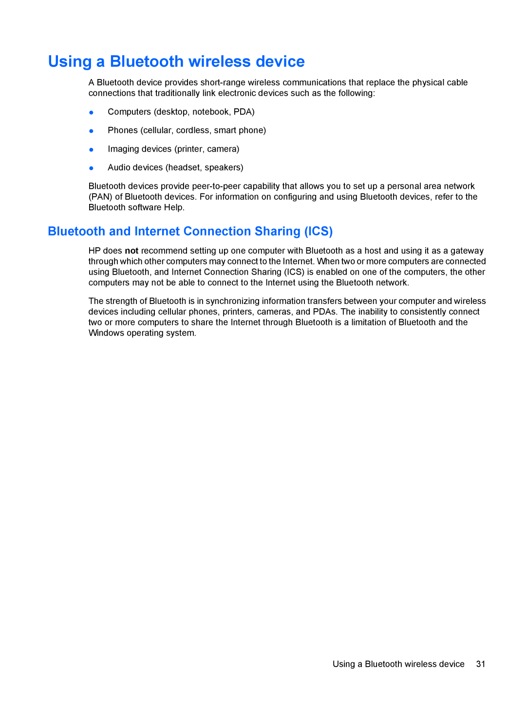 HP VZ243AV manual Using a Bluetooth wireless device, Bluetooth and Internet Connection Sharing ICS 