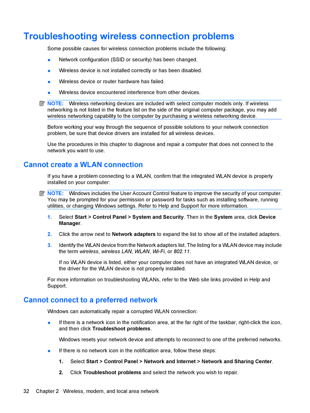 HP VZ243AV manual Troubleshooting wireless connection problems, Cannot create a Wlan connection 