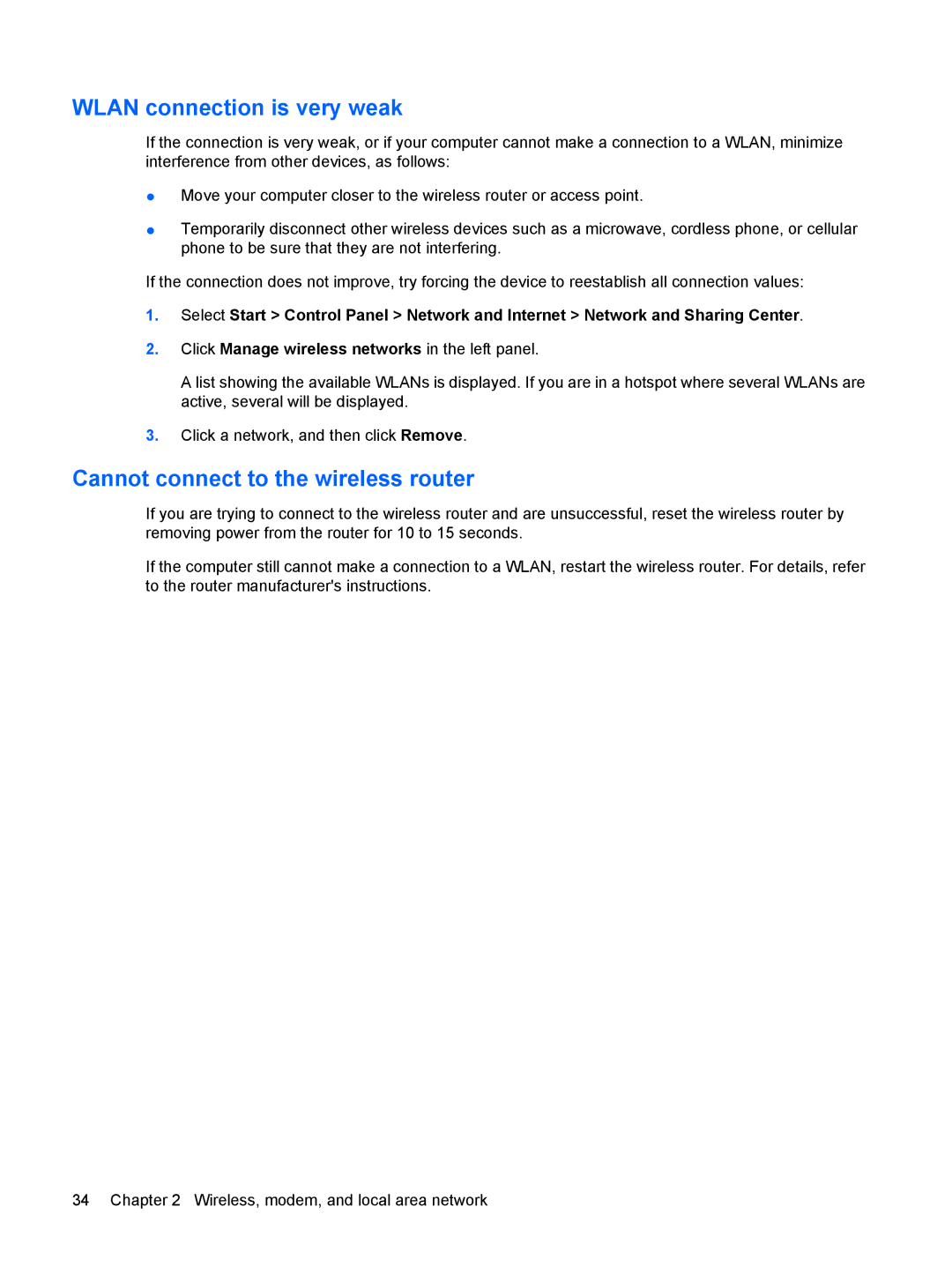 HP VZ243AV manual Wlan connection is very weak, Cannot connect to the wireless router 