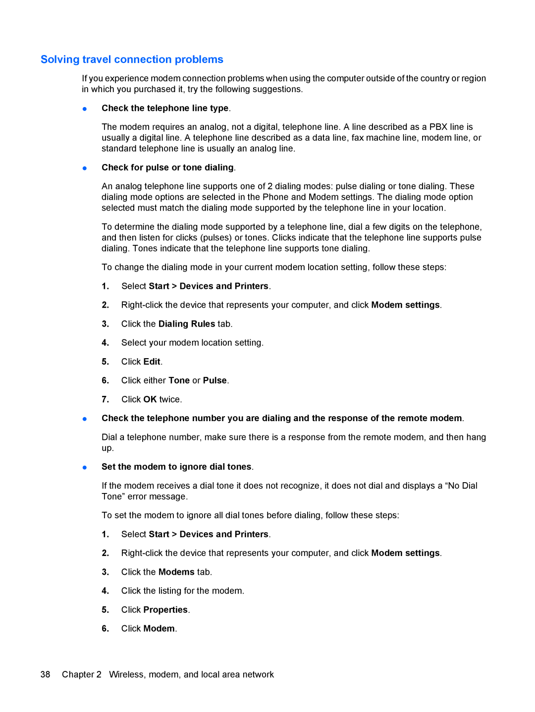 HP VZ243AV manual Solving travel connection problems, Check the telephone line type, Check for pulse or tone dialing 