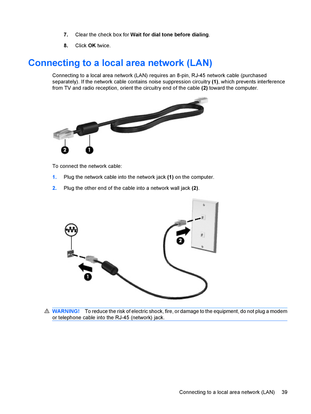 HP VZ243AV manual Connecting to a local area network LAN, Clear the check box for Wait for dial tone before dialing 