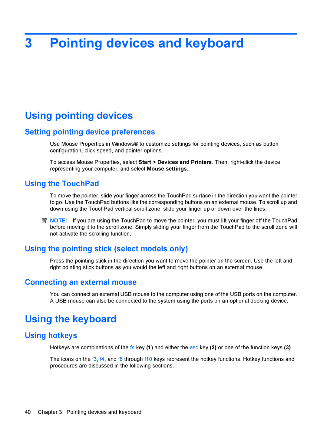 HP VZ243AV manual Pointing devices and keyboard, Using pointing devices, Using the keyboard 