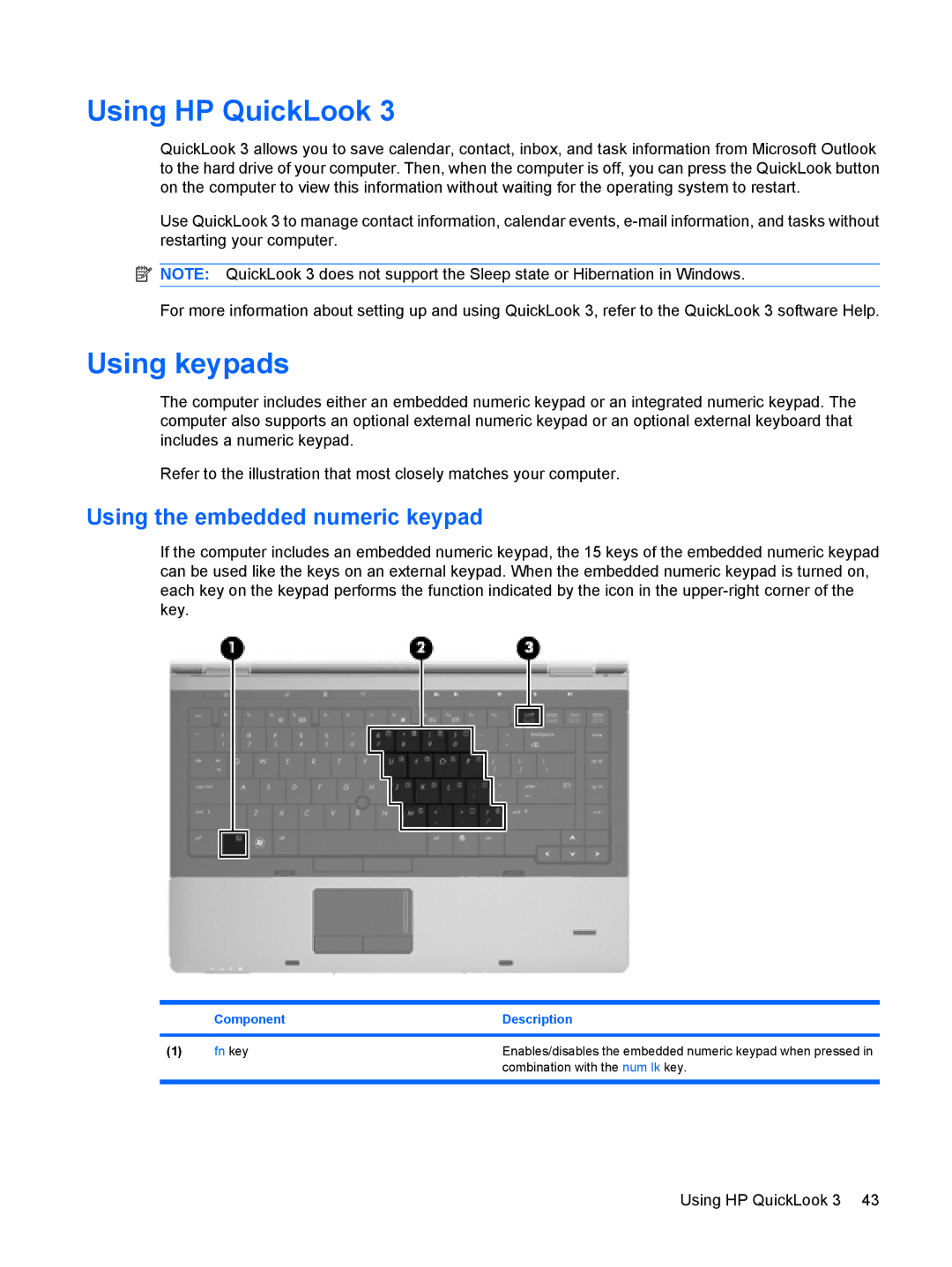 HP VZ243AV manual Using HP QuickLook, Using keypads, Using the embedded numeric keypad 