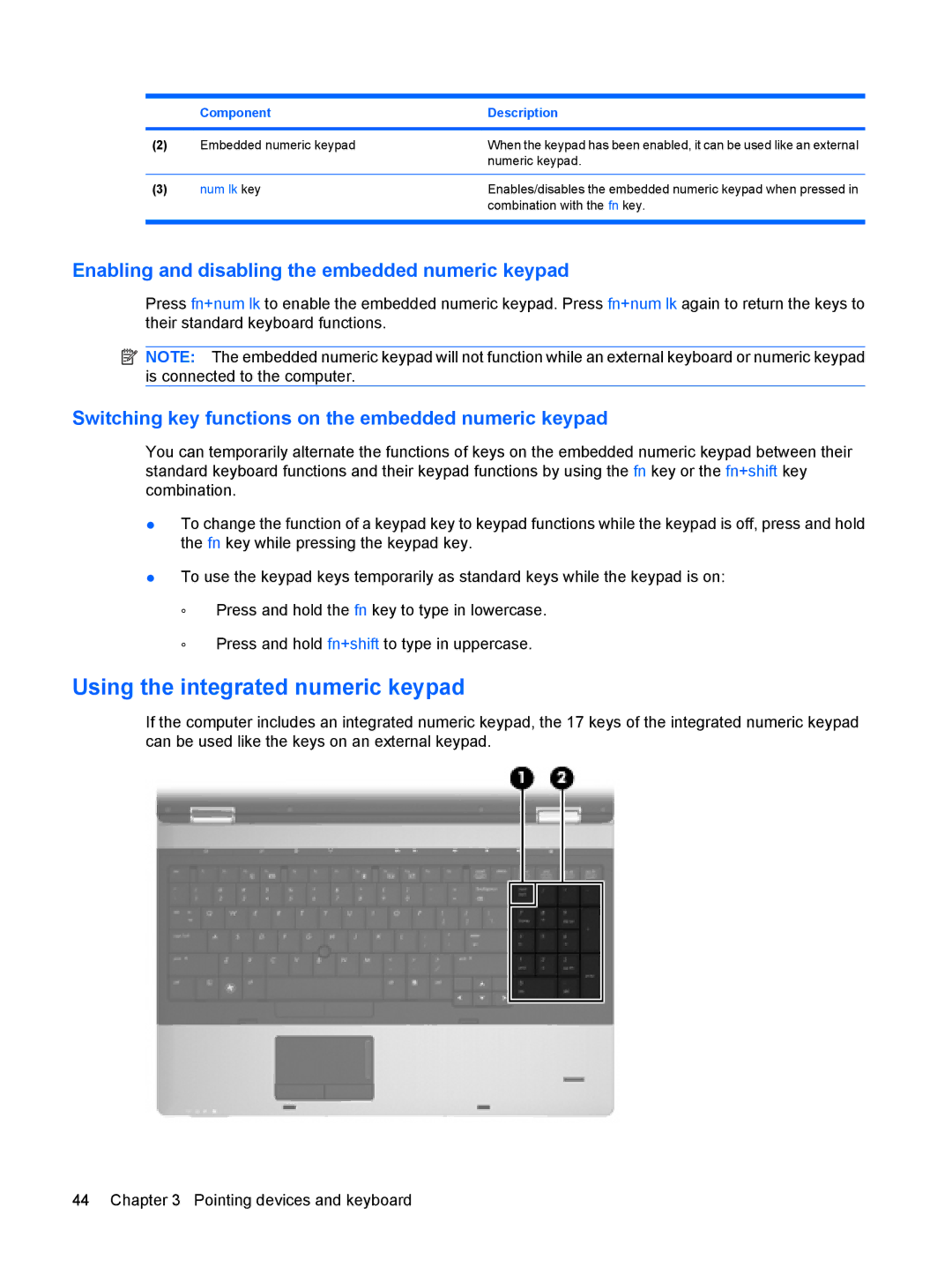 HP VZ243AV manual Using the integrated numeric keypad, Enabling and disabling the embedded numeric keypad 