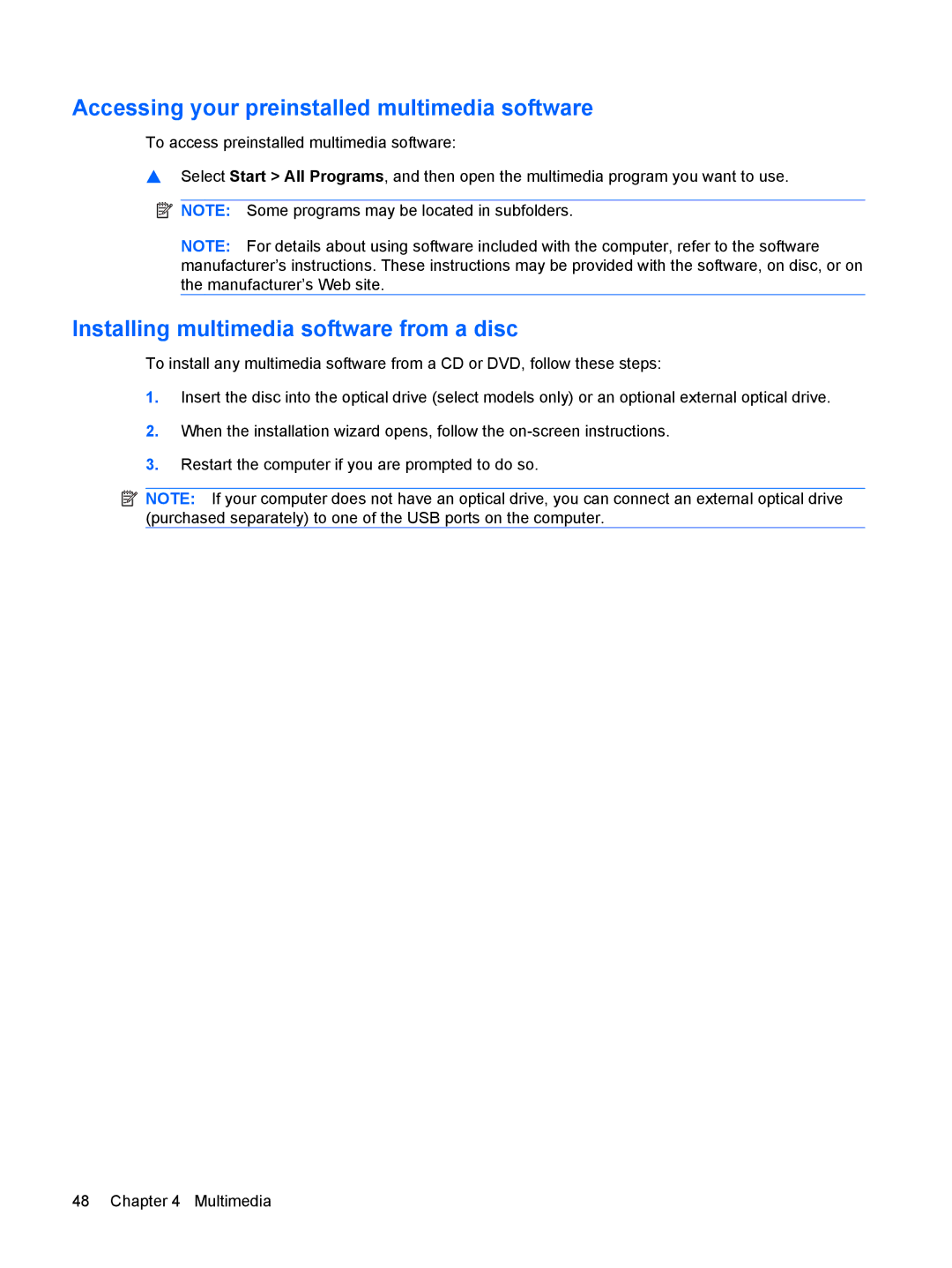 HP VZ243AV manual Accessing your preinstalled multimedia software, Installing multimedia software from a disc 