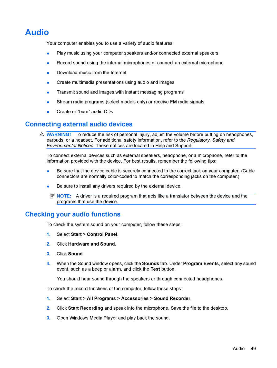 HP VZ243AV manual Audio, Connecting external audio devices, Checking your audio functions 