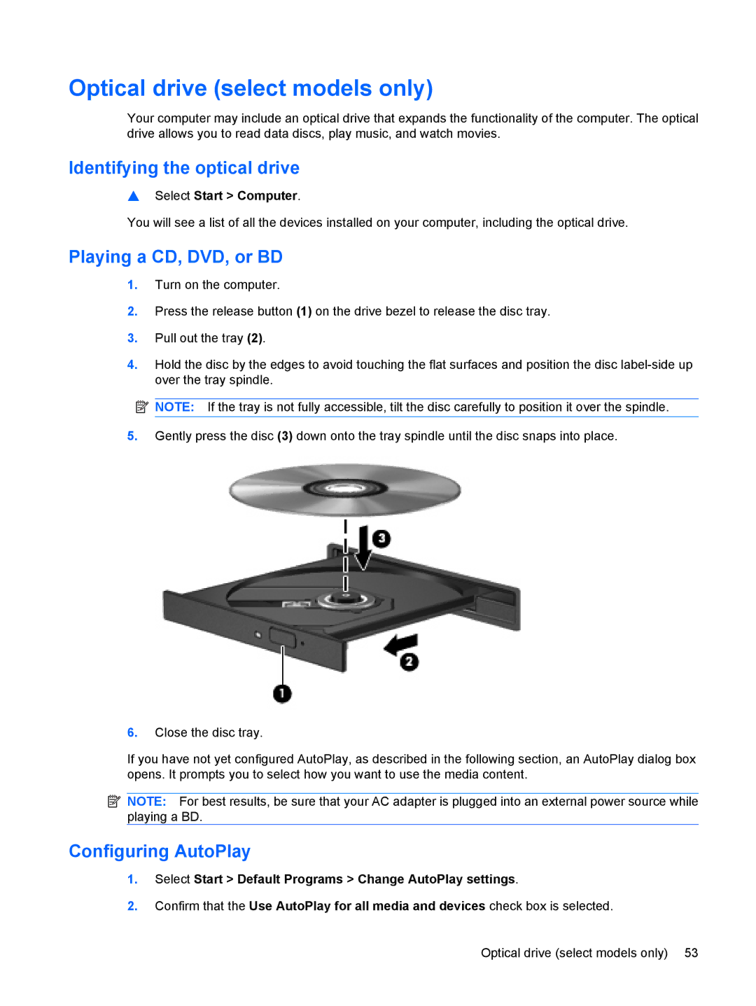 HP VZ243AV Optical drive select models only, Identifying the optical drive, Playing a CD, DVD, or BD, Configuring AutoPlay 