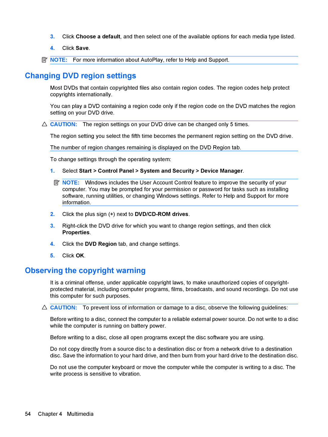 HP VZ243AV manual Changing DVD region settings, Observing the copyright warning 