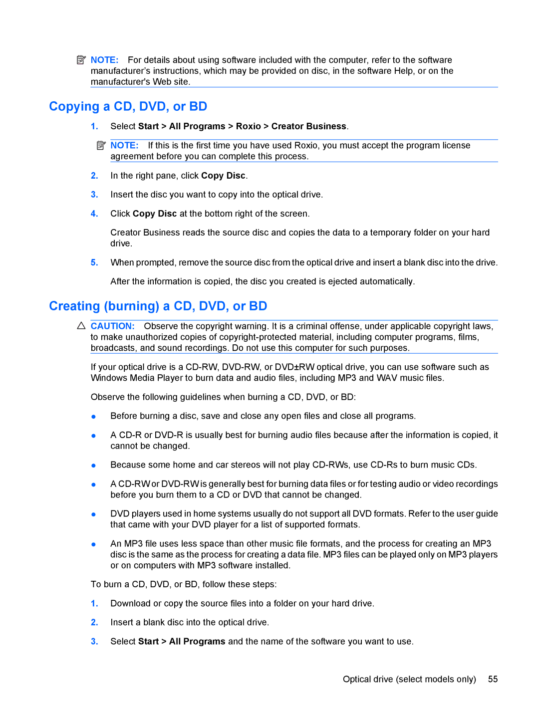 HP VZ243AV Copying a CD, DVD, or BD, Creating burning a CD, DVD, or BD, Select Start All Programs Roxio Creator Business 