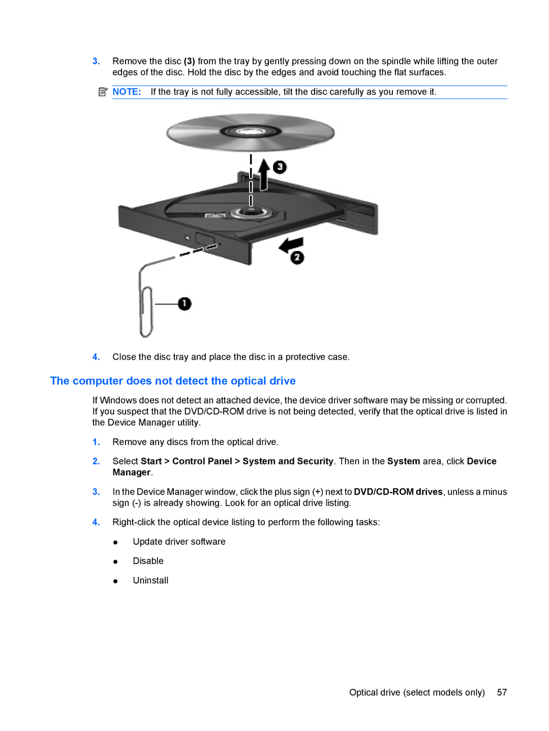 HP VZ243AV manual Computer does not detect the optical drive 