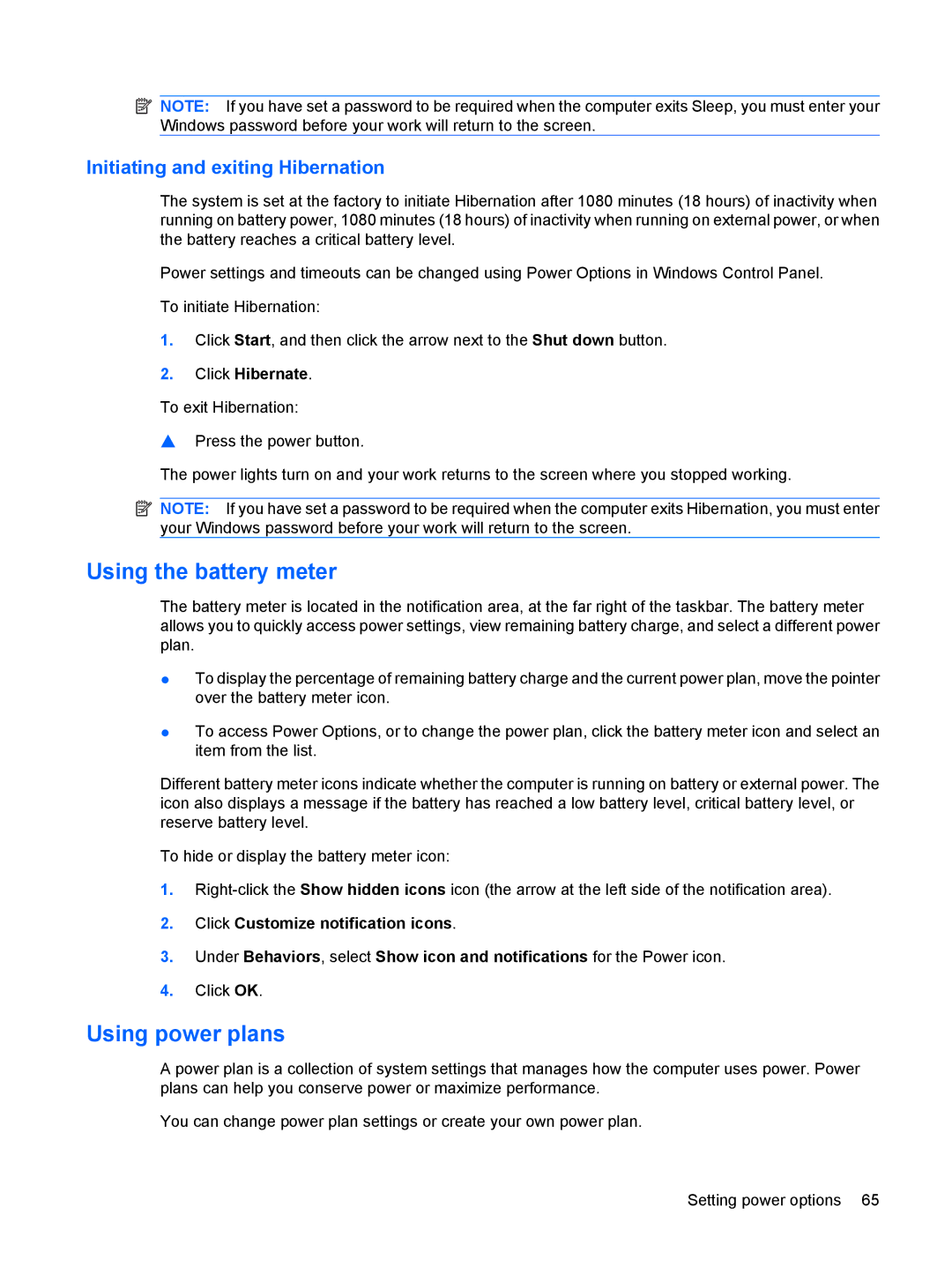 HP VZ243AV manual Using the battery meter, Using power plans, Initiating and exiting Hibernation, Click Hibernate 