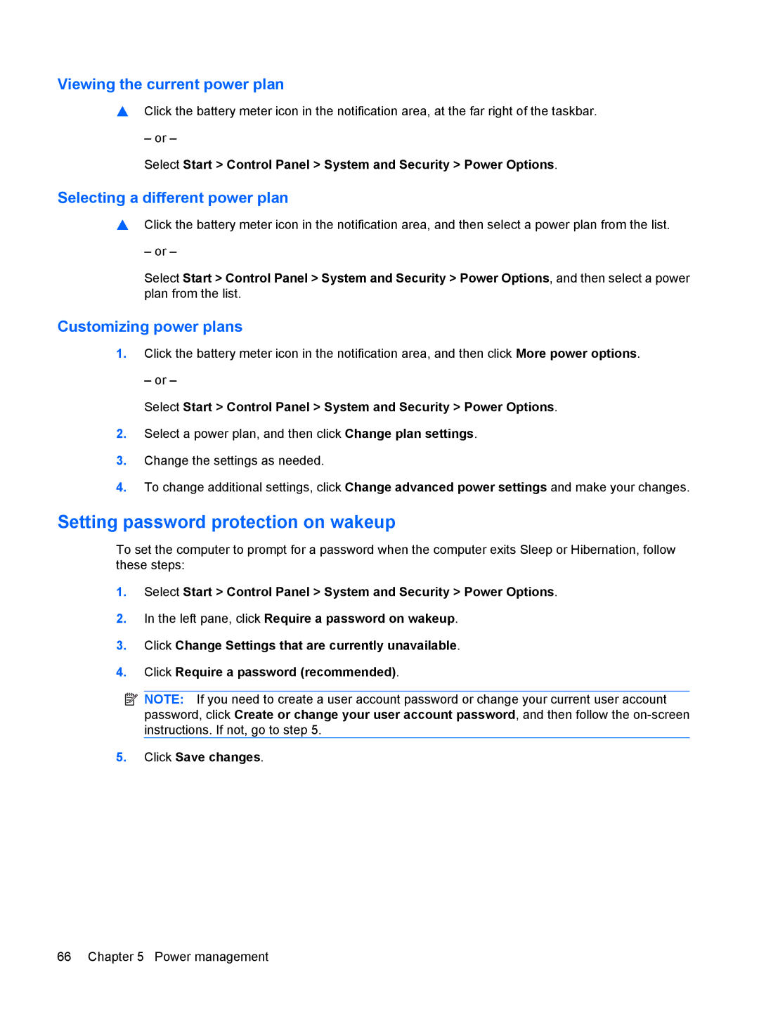 HP VZ243AV manual Setting password protection on wakeup, Viewing the current power plan, Selecting a different power plan 