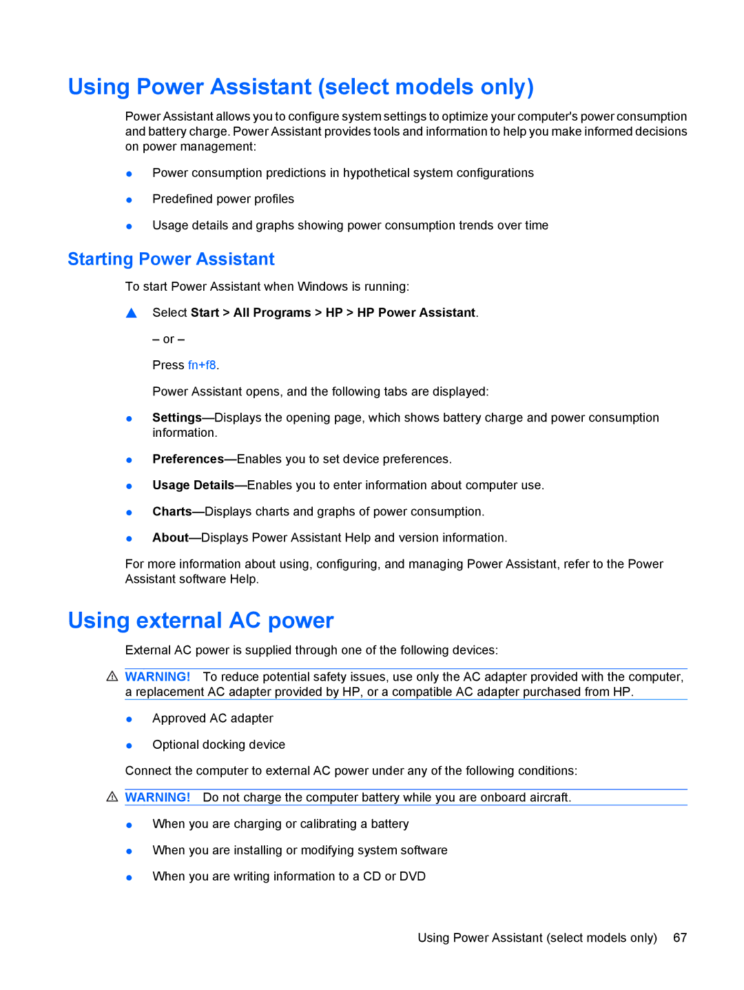 HP VZ243AV manual Using Power Assistant select models only, Using external AC power, Starting Power Assistant 