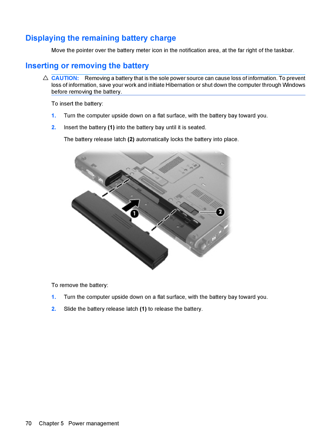 HP VZ243AV manual Displaying the remaining battery charge, Inserting or removing the battery 