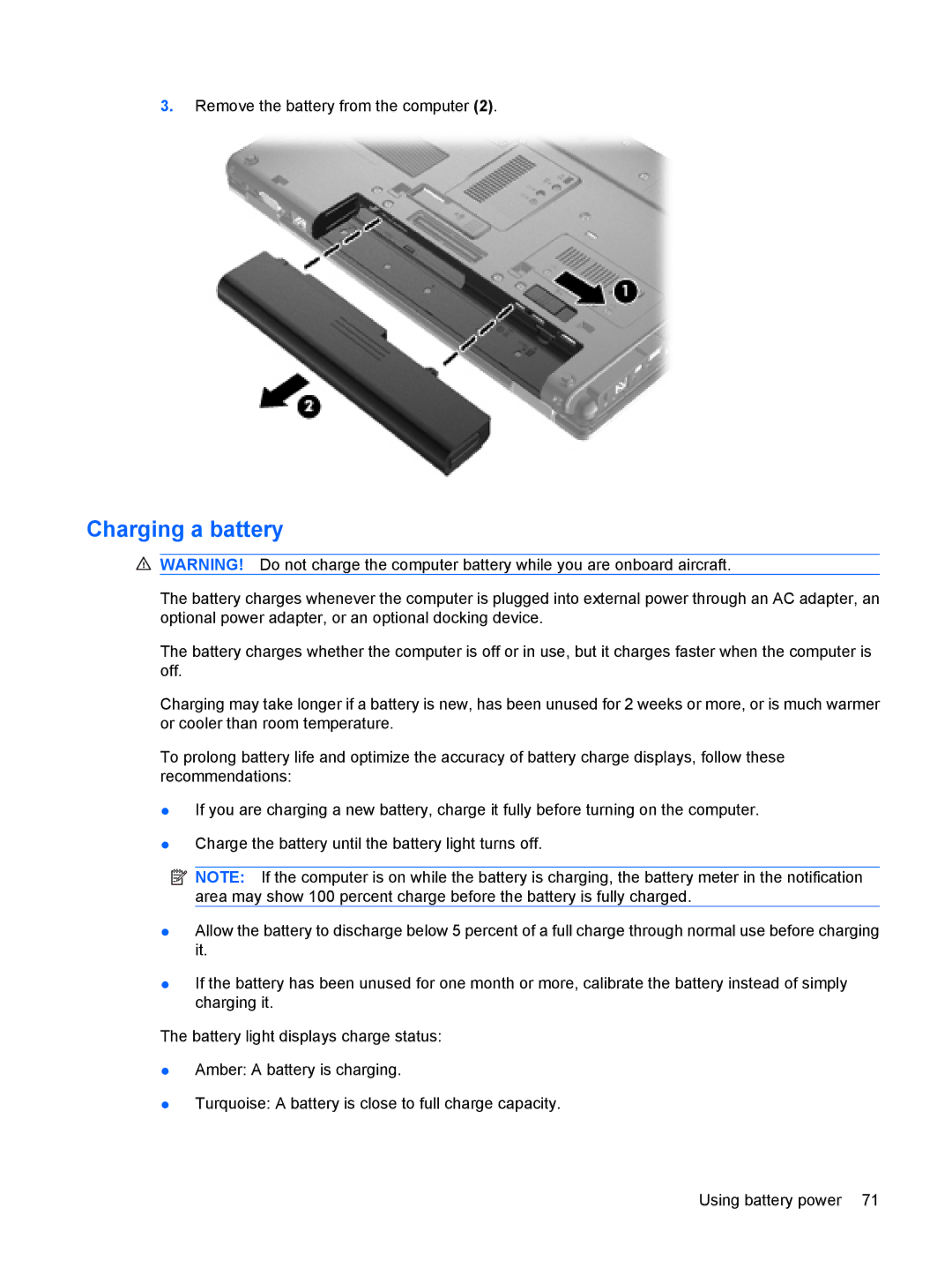 HP VZ243AV manual Charging a battery 