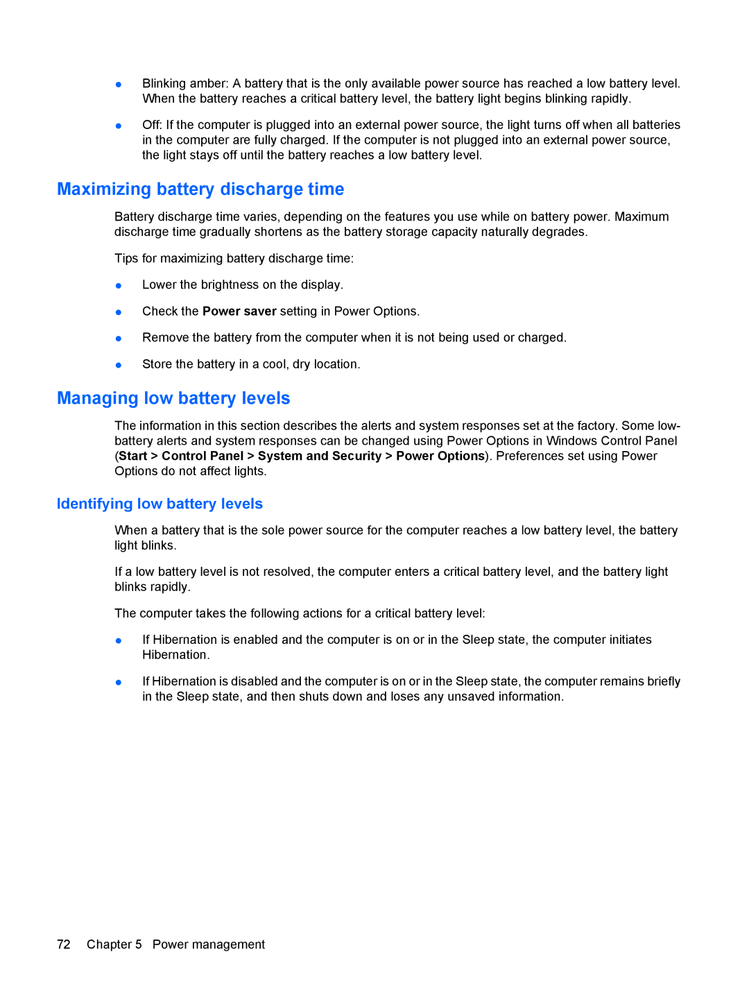 HP VZ243AV manual Maximizing battery discharge time, Managing low battery levels, Identifying low battery levels 