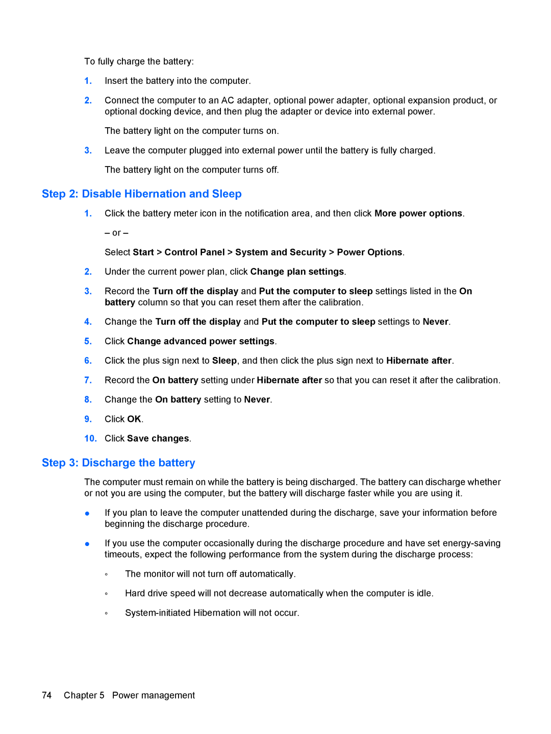 HP VZ243AV manual Disable Hibernation and Sleep, Discharge the battery 