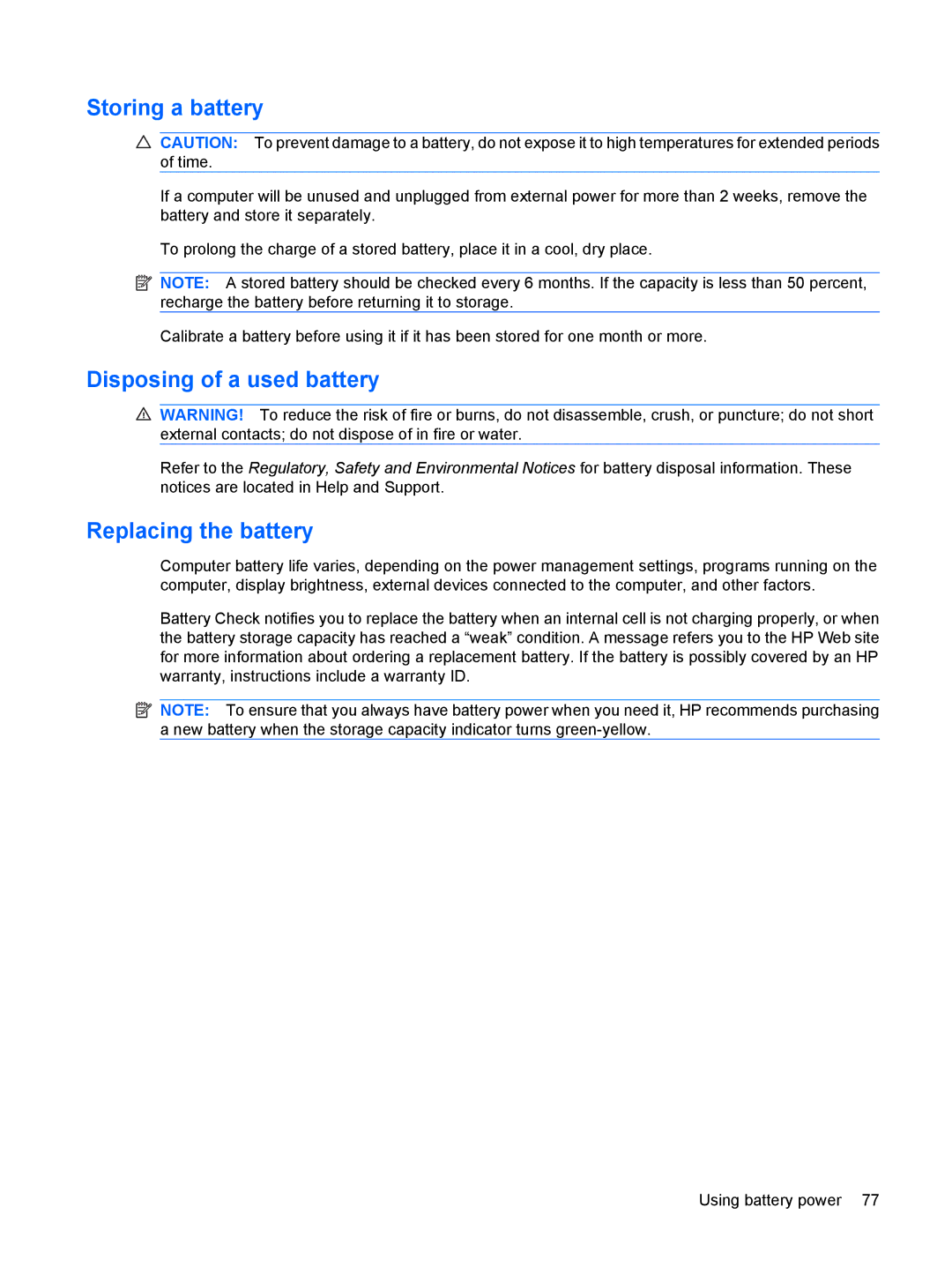 HP VZ243AV manual Storing a battery, Disposing of a used battery, Replacing the battery 