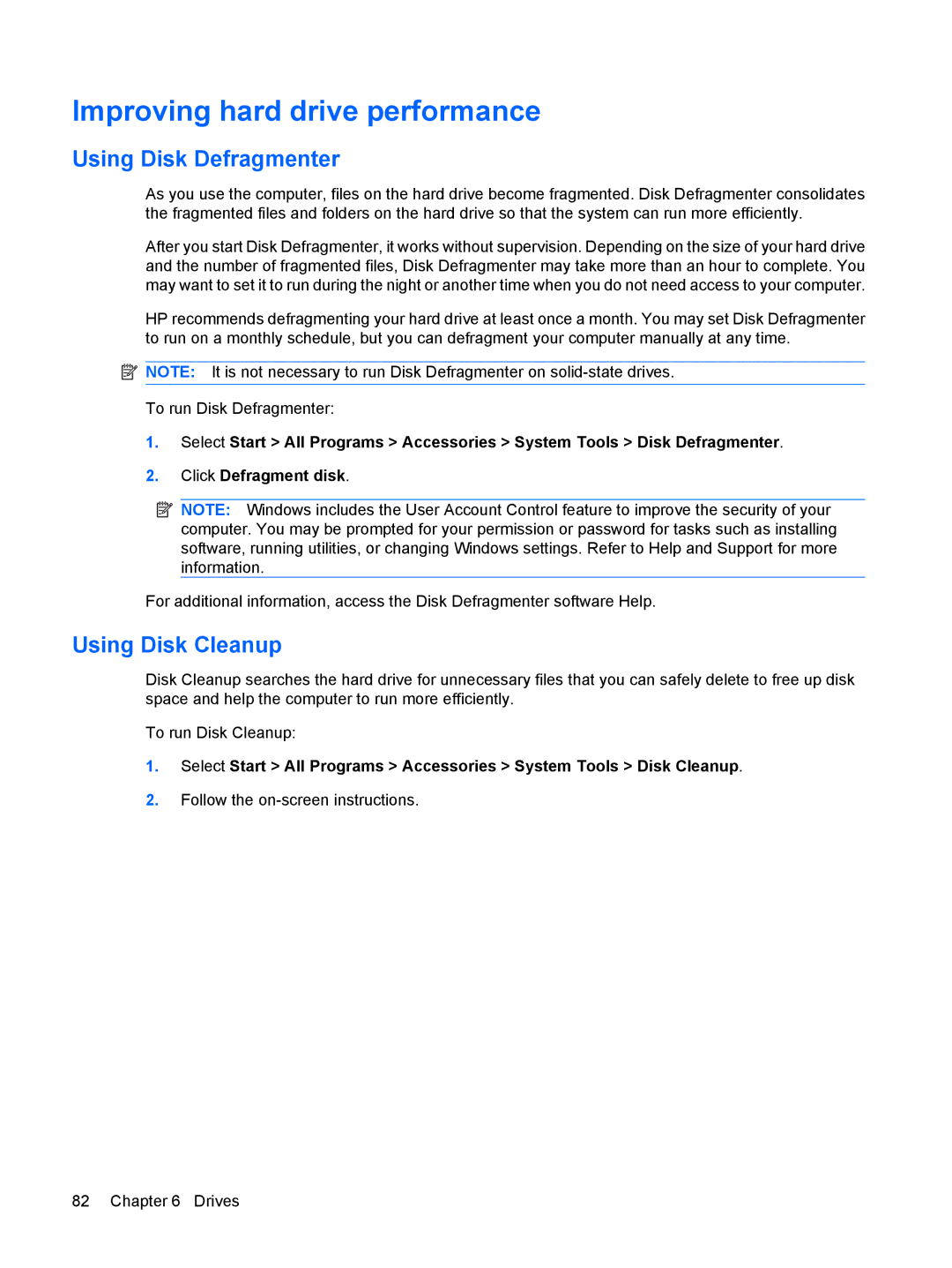 HP VZ243AV manual Improving hard drive performance, Using Disk Defragmenter, Using Disk Cleanup 