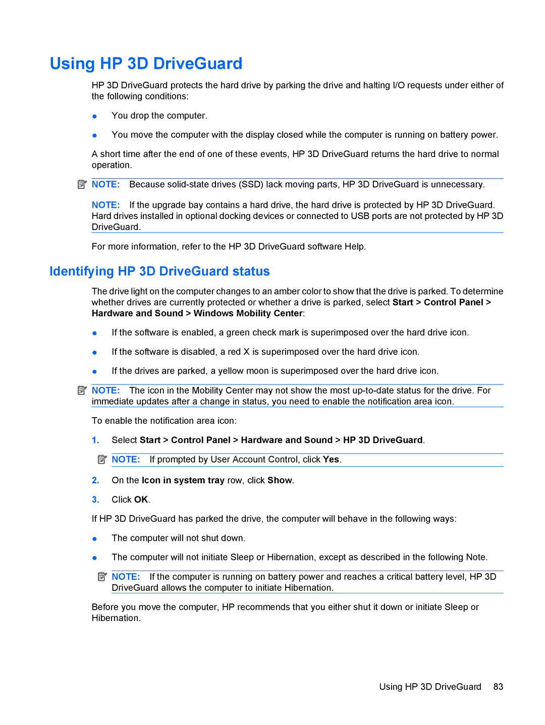 HP VZ243AV manual Using HP 3D DriveGuard, Identifying HP 3D DriveGuard status 