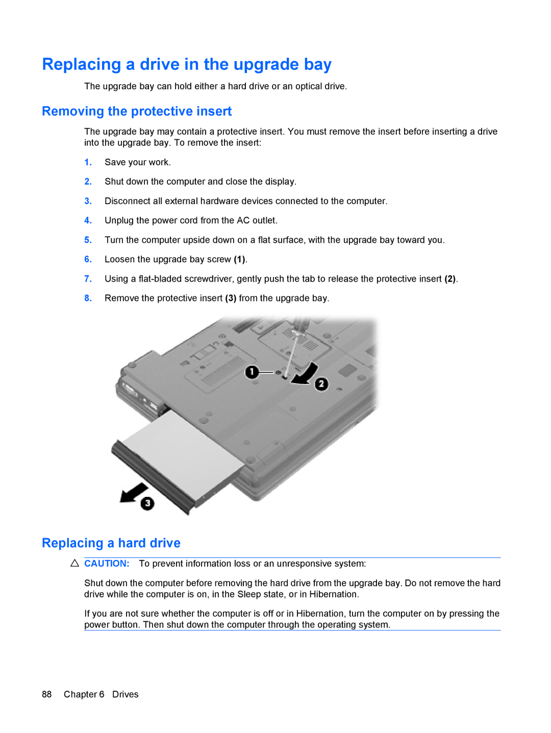 HP VZ243AV manual Replacing a drive in the upgrade bay, Removing the protective insert, Replacing a hard drive 