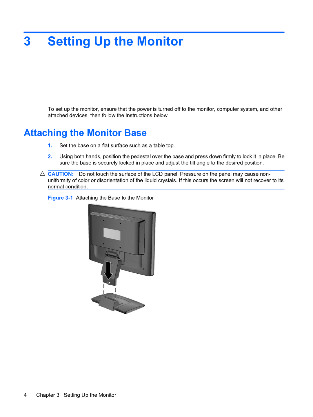 HP w15e manual Setting Up the Monitor, Attaching the Monitor Base 