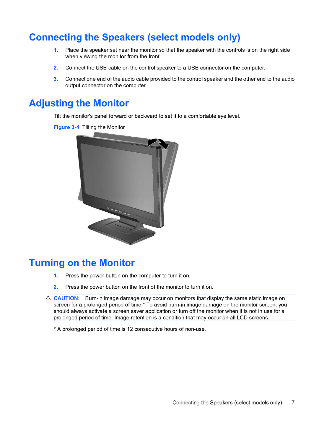 HP w15e manual Connecting the Speakers select models only, Adjusting the Monitor, Turning on the Monitor 